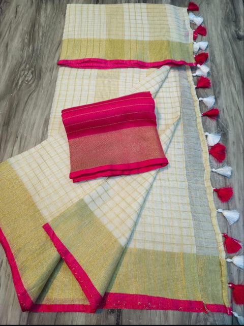 Onam Special Off White Linen Saree with Pink Border