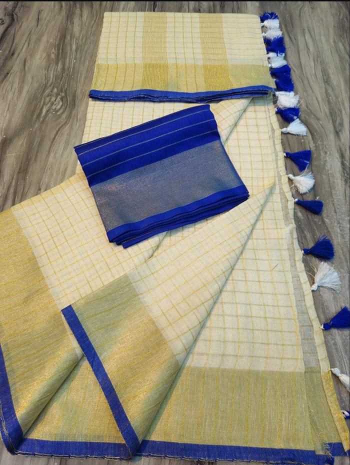 Onam Special Off White Linen Saree with Blue Border