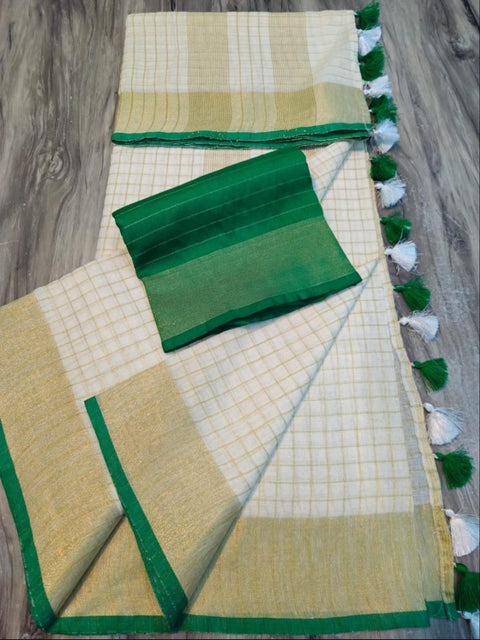 Onam Special Off White Linen Saree with Green Border