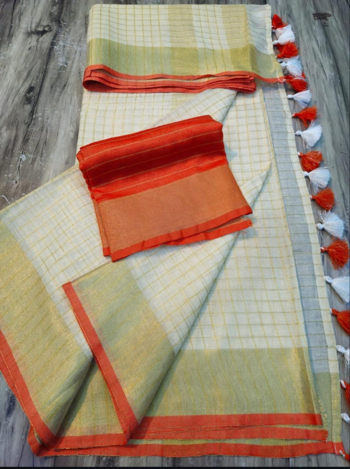 Onam Special Off White Linen Saree with Orange Border