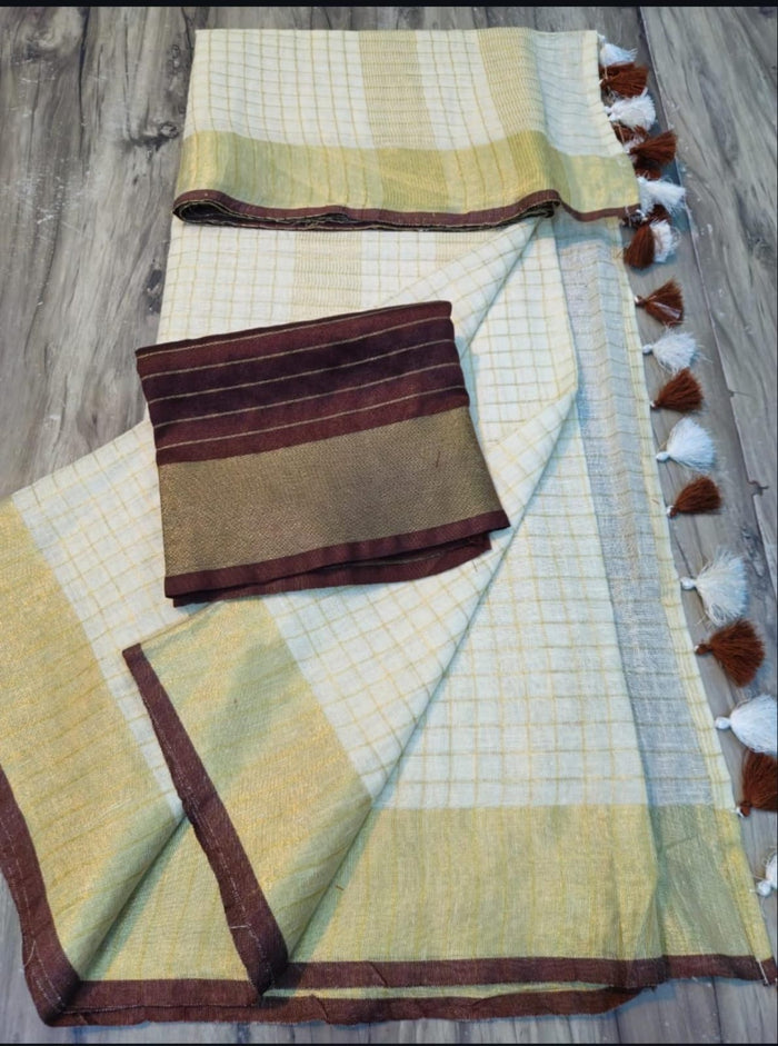 Onam Special Off White Linen Saree with Brown Border