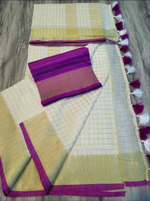 Onam Special Off White Linen Saree with Purple Border