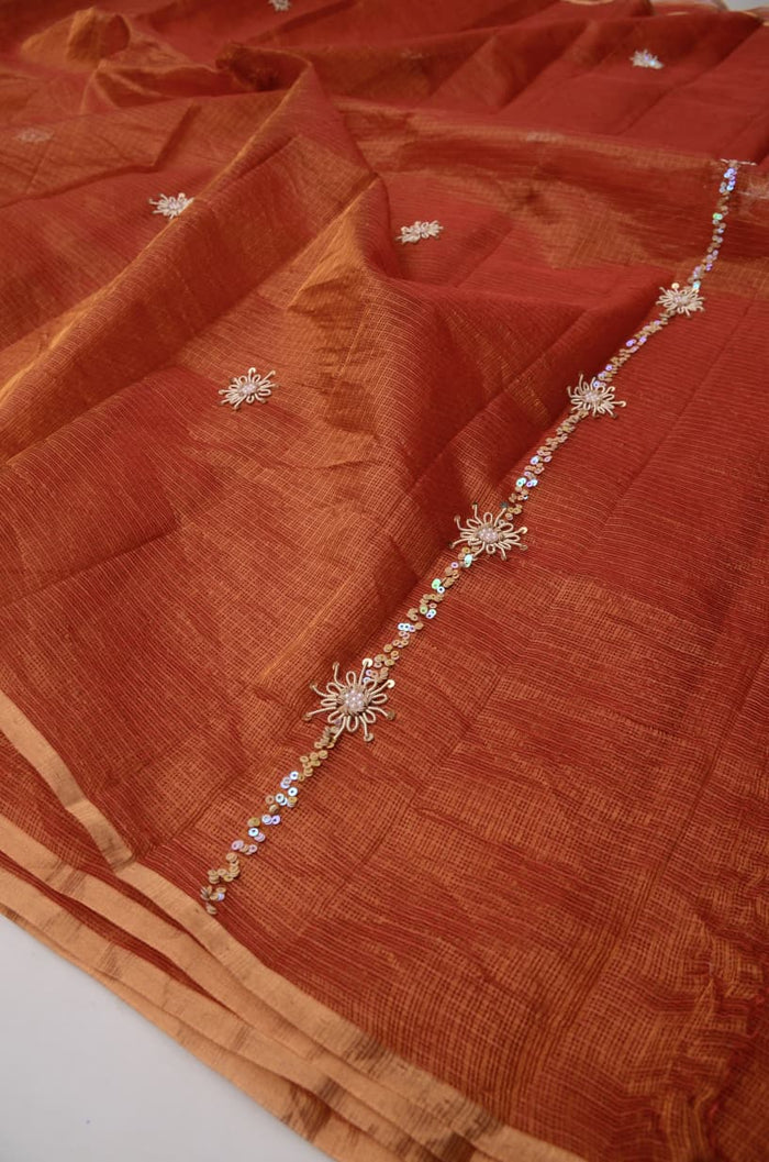 Pure Tissue Silk Kota Doria Hand Work Saree - Brown Color