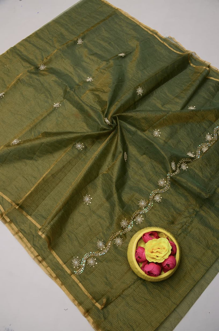 Pure Tissue Silk Kota Doria Hand Work Saree -Green Color