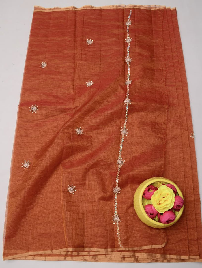 Pure Tissue Silk Kota Doria Hand Work Saree - Brown Color