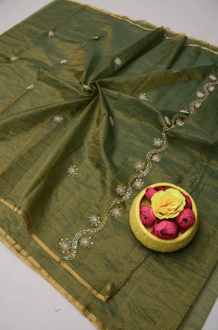 Pure Tissue Silk Kota Doria Hand Work Saree -Green Color