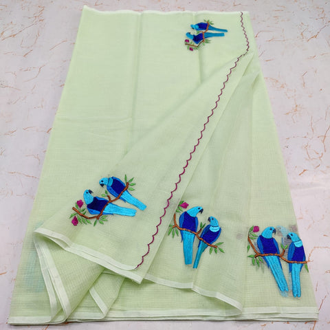 Kota Doria Cotton Mix Embroidered Saree - Pista Green Colour