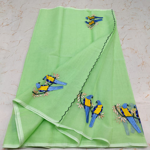 Kota Doria Cotton Mix Embroidered Saree - Green Colour