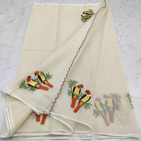 Kota Doria Cotton Mix Embroidered Saree - Beige Colour