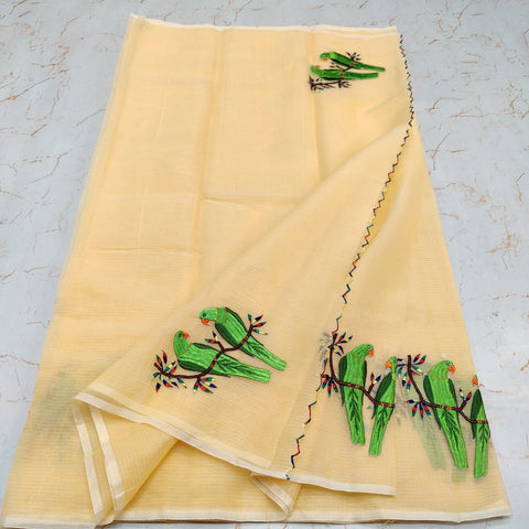 Kota Doria Cotton Mix Embroidered Saree - Yellow Colour