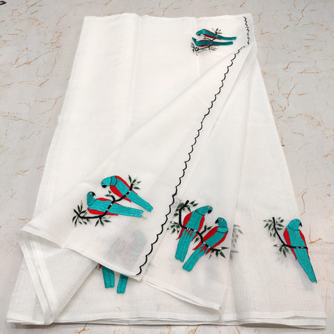 Kota Doria Cotton Mix Embroidered Saree - White Colour