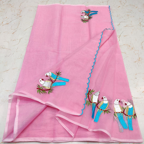 Kota Doria Cotton Mix Embroidered Saree - Pink Colour