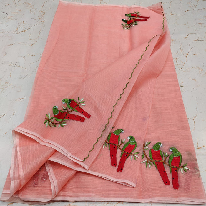 Kota Doria Cotton Mix Embroidered Saree - Warm Peach Colour