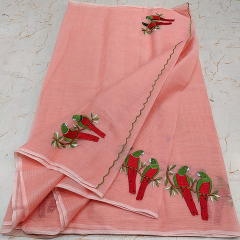 Kota Doria Cotton Mix Embroidered Saree - Warm Peach Colour
