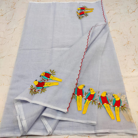Kota Doria Cotton Mix Embroidered Saree - Grey Colour