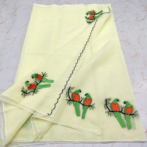 Kota Doria Cotton Mix Embroidered Saree - Light Yellow Colour