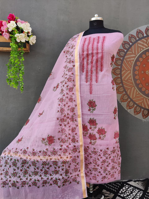 Kota Doria Hand Block Printed Suit - Pink Colour