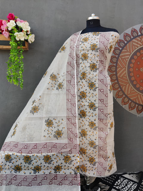 Kota Doria Hand Block Printed Suit - Yellow Colour