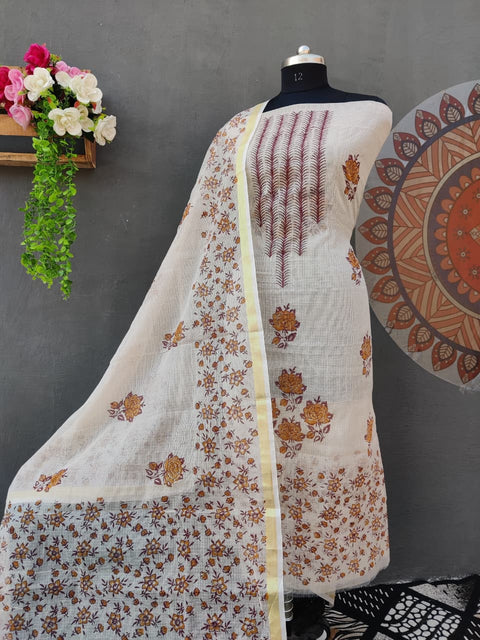 Kota Doria Hand Block Printed Suit - Orange Colour