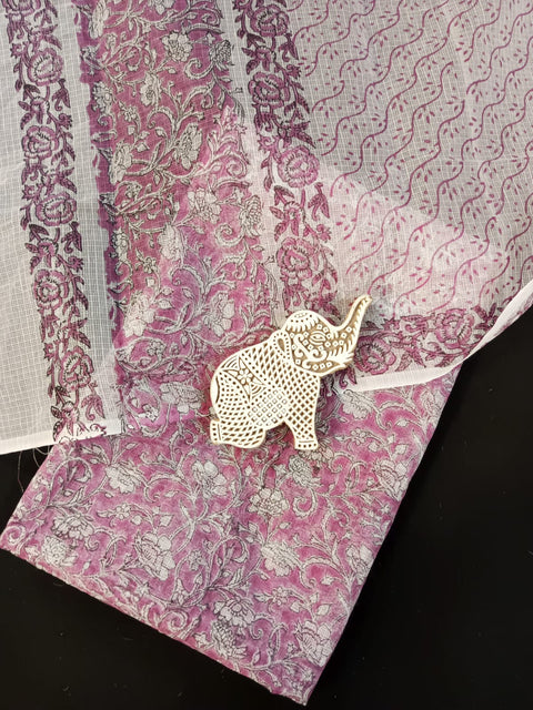 Hand Block Printed Kota Doria Dress Material - Dark Pink