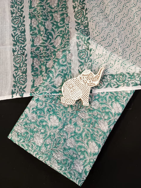 Hand Block Printed Kota Doria Dress Material - Green