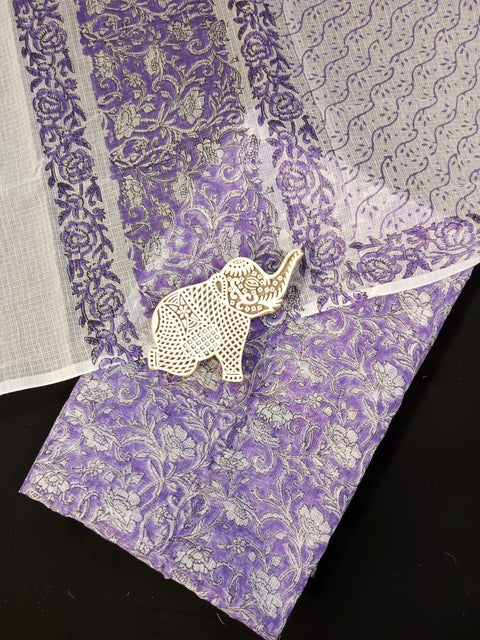 Hand Block Printed Kota Doria Dress Material - Purple
