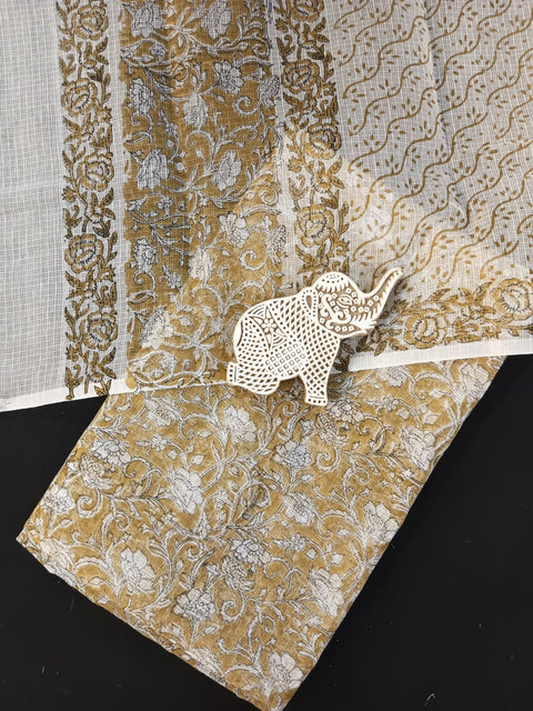 Hand Block Printed Kota Doria Dress Material - Gold Yellow