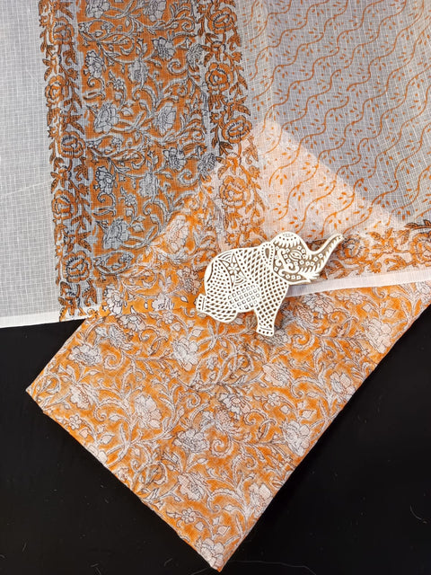 Hand Block Printed Kota Doria Dress Material - Orange