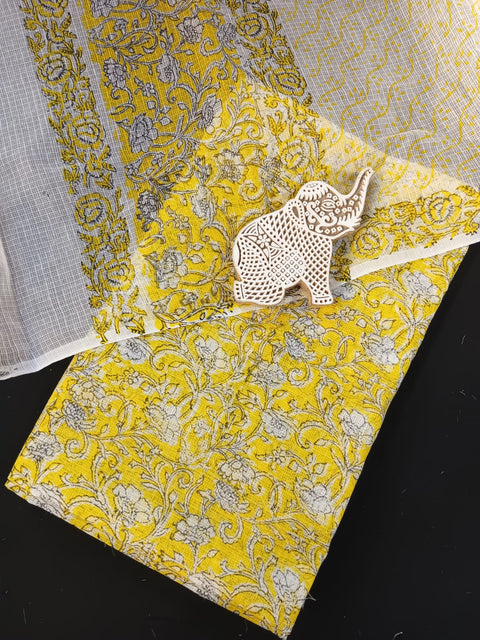 Hand Block Printed Kota Doria Dress Material - Yellow