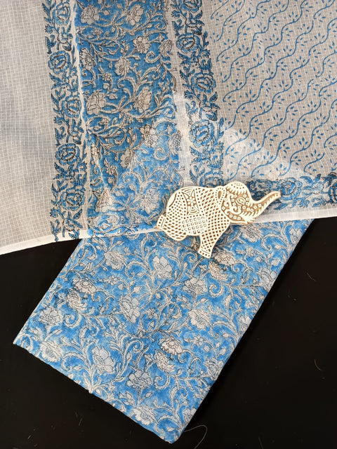 Hand Block Printed Kota Doria Dress Material - Blue