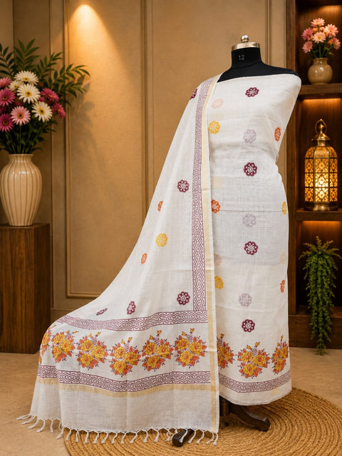 Kota Doria Hand Block Printed Dress Material - White & Yellow