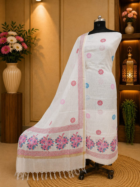 Kota Doria Hand Block Printed Dress Material - White & Light Pink
