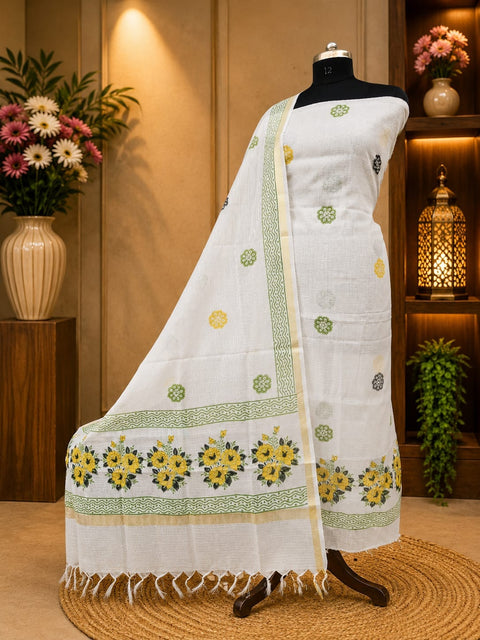 Kota Doria Hand Block Printed Dress Material - White & Green