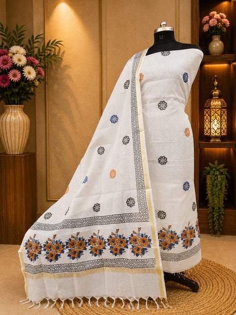 Kota Doria Hand Block Printed Dress Material - White & blue