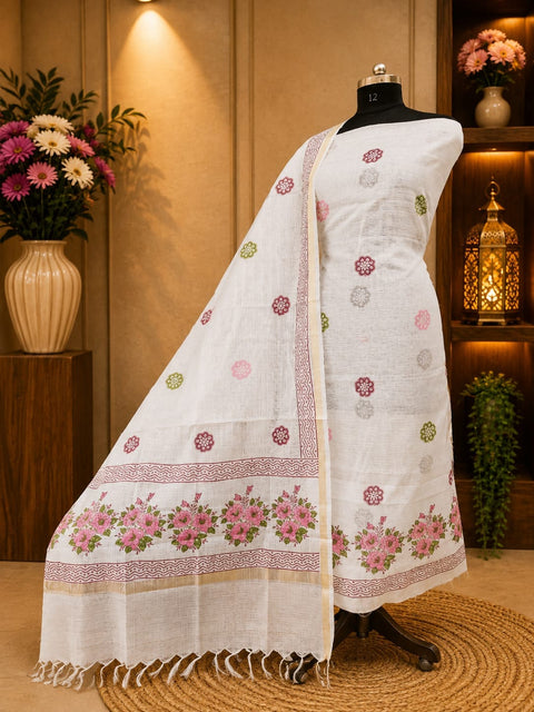 Kota Doria Hand Block Printed Dress Material - White & Pink