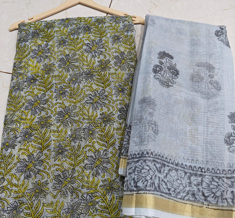 Block Printed Kota Doria Suit Set - Grey  Colour