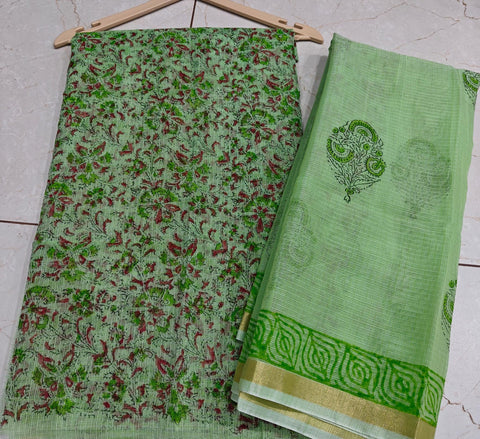 Block Printed Kota Doria Suit Set - Green Colour
