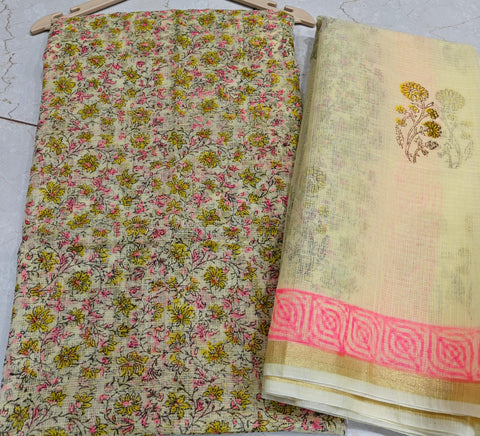 Block Printed Kota Doria Suit Set - Light Yellow Colour