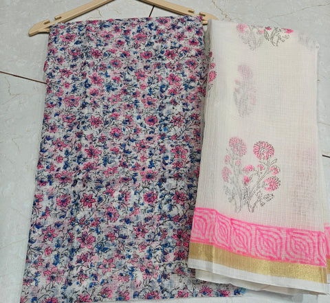 Block Printed Kota Doria Suit Set - White & Blue Colour