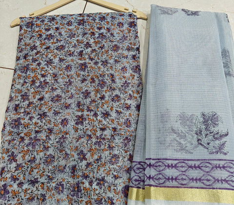 Block Printed Kota Doria Suit Set - Gray Colour