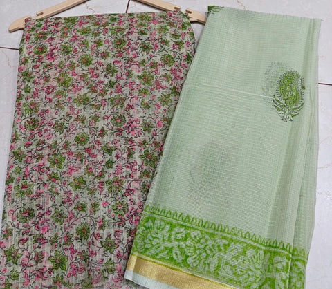 Block Printed Kota Doria Suit Set - Pista Green Colour