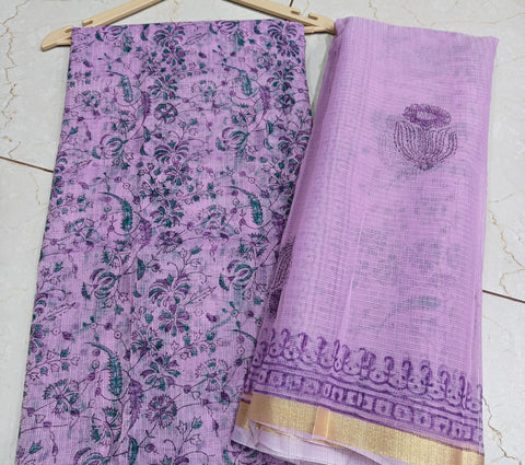 Block Printed Kota Doria Suit Set - Purple Colour