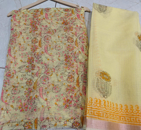 Block Printed Kota Doria Suit Set - Yellow Colour