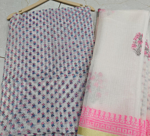 Block Printed Kota Doria Suit Set - Off white & Blue  Colour