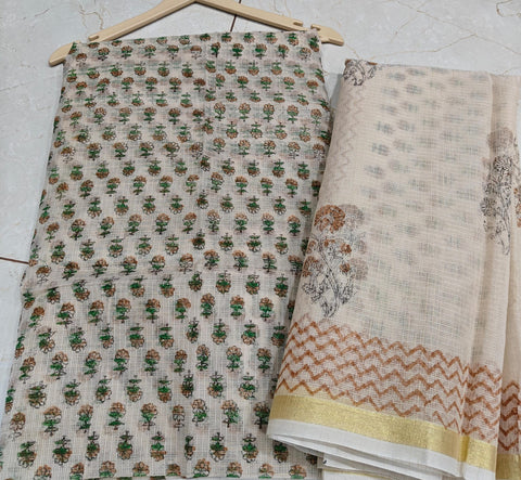 Block Printed Kota Doria Suit Set - Peach  Colour