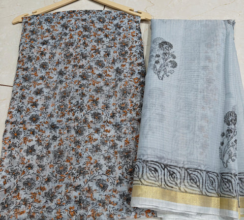 Block Printed Kota Doria Suit Set - Gray  Colour