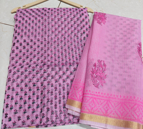 Block Printed Kota Doria Suit Set - Pink  Colour