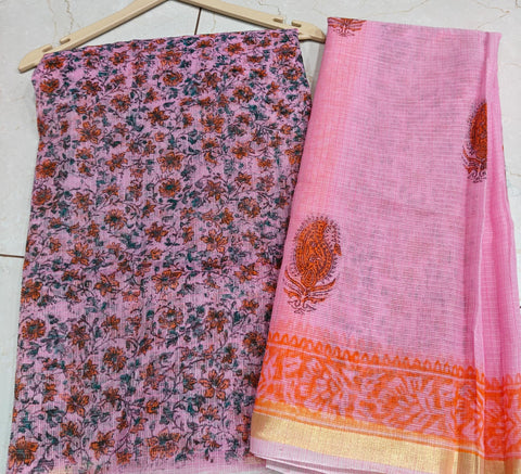 Block Printed Kota Doria Suit Set - Rani Pink  Colour