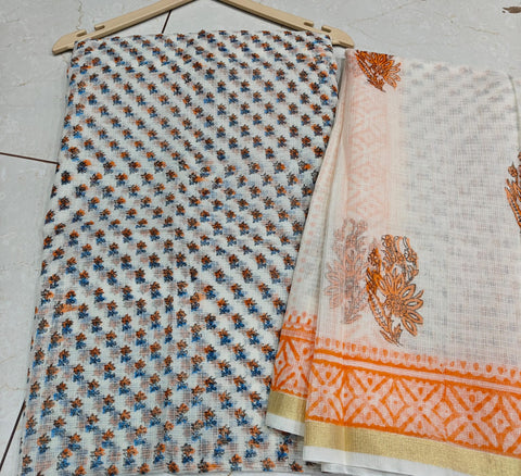 Block Printed Kota Doria Suit Set - Orange  Colour