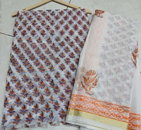 Block Printed Kota Doria Suit Set - Light Orange  Colour